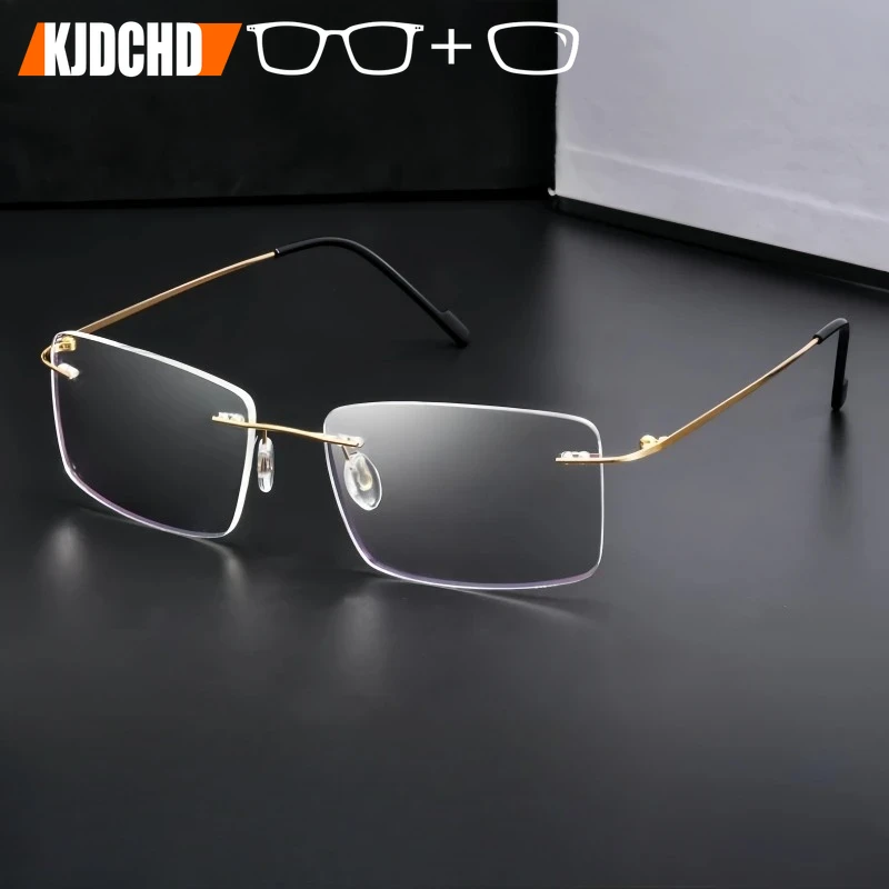 

KJDCHD Optical Prescription Rimless Glasses Men and Women Blue Light Blocking Protection Myopia Progressive Formula Eyewear