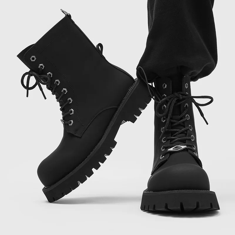 British style mens fashion punk stage high motorcycle boots black matte platform shoes cowboy natural leather boot long botas