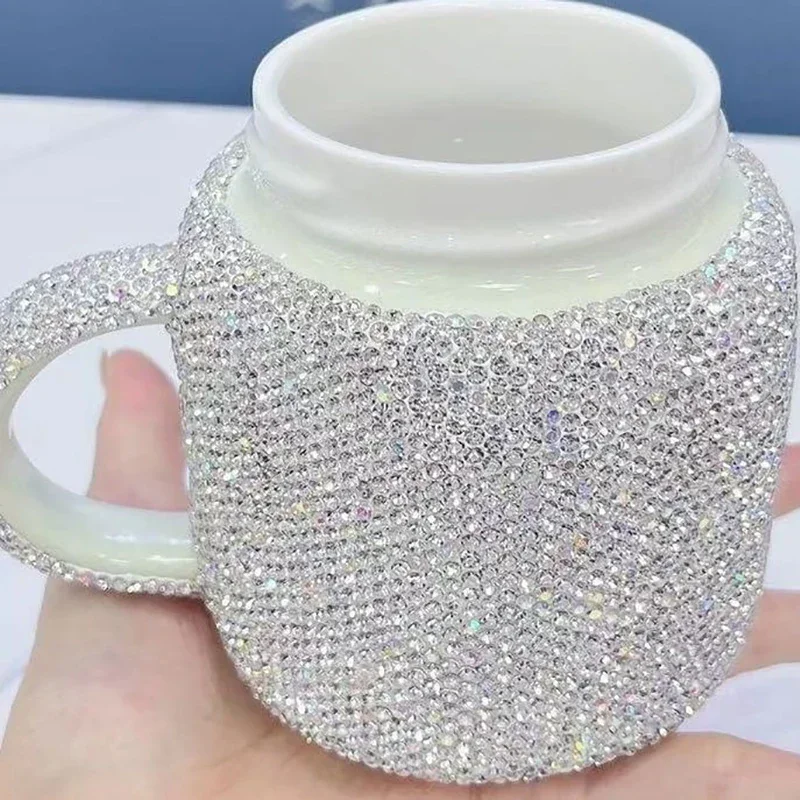 Sparkling Rhinestones Coffee Mug Cup with Lid with Handle Bling Ceramic Tea Cup Mugs Tumbler Water Bottle Glitter Gifts