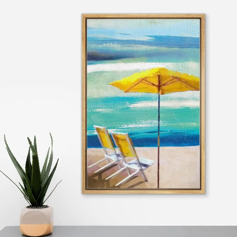 

Framed Canvas Print Wall Art Yellow Beach Chairs & Umbrella on The Shore Coastal for Living Room, Bedroom, - 16"x24" Natural