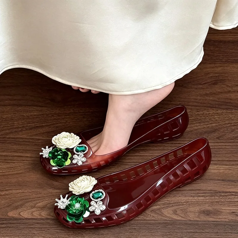 Luxury Big Rhinestone Flower Sequins Jelly Shoes Woman Summer Korean Crystal Transparent Clogs Women's Hollowed Out Flat Sandals view 5
