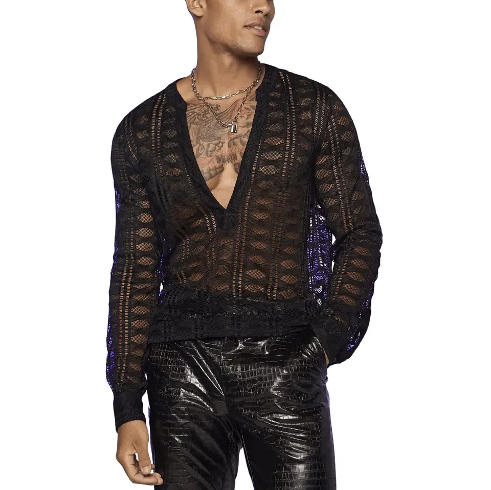 Autumn New Men's V-Neck Lace Long Sleeve T-Shirt Perspective Grid Elastic Shirt Bottom
