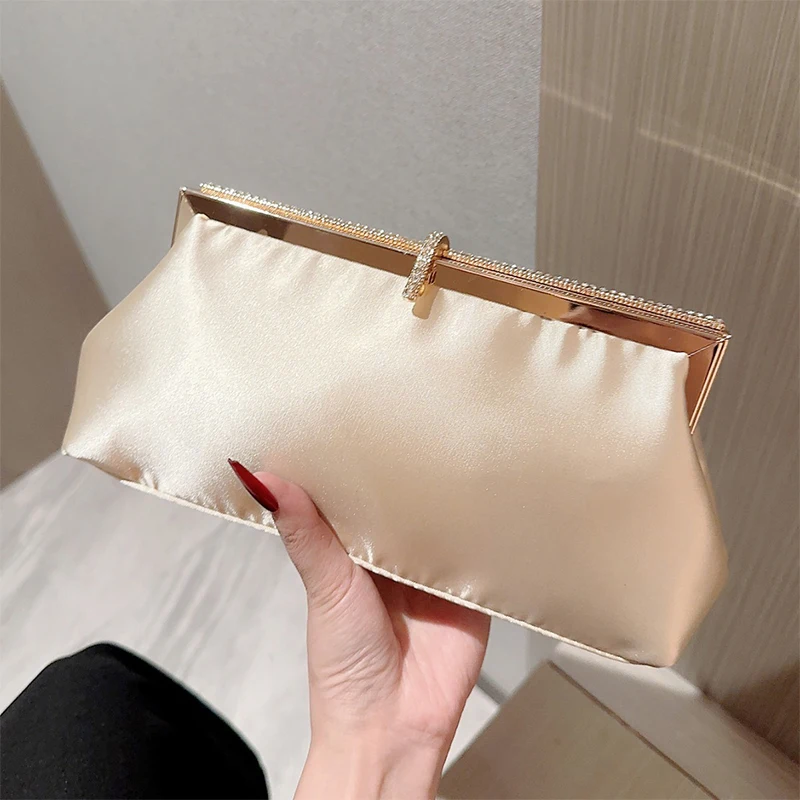 Elegant Women Smooth Satin Evening Handbag Shiny Diamond Clutch Purse Wedding Bridal Party Shoulder Messenger Rhinestone Bags