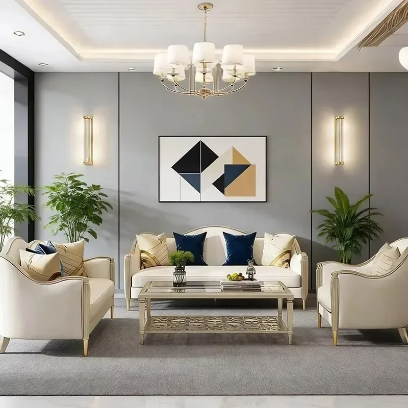 American light luxury Meike-style genuine leather sofa living room combo French uniquely shaped villa high-end solid wood furnit