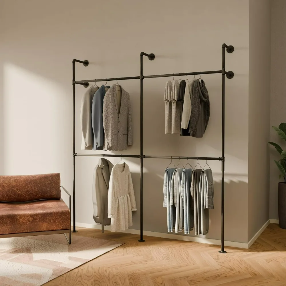 Industrial pipe clothing rack metal black - Wall mounted clothes racks for hanging clothes - Modern walk in closet