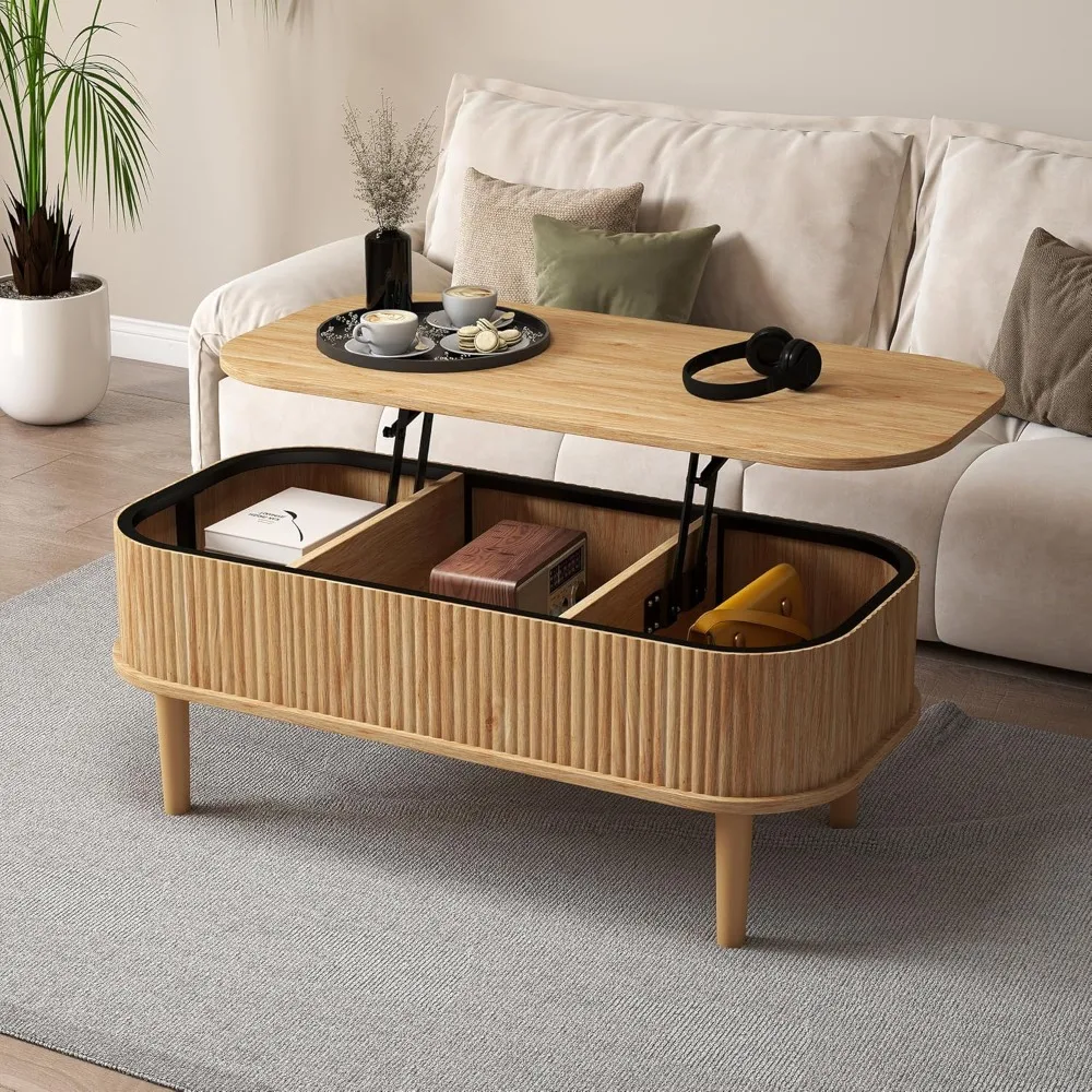 

Coffee Table, Fluted Lift Top Coffee Tables for Living Room, Center Tables with Hidden Compartment, Modern Oval Coffee Table