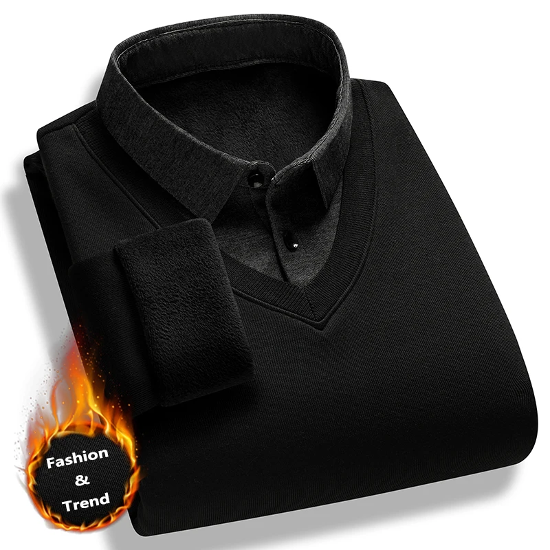 

Men's Fake Two Piece Shirt Collar Fleece Lined Warm Long Sleeve Pullover Business Casual Daily Fall Winter Base Layer 1 Pack