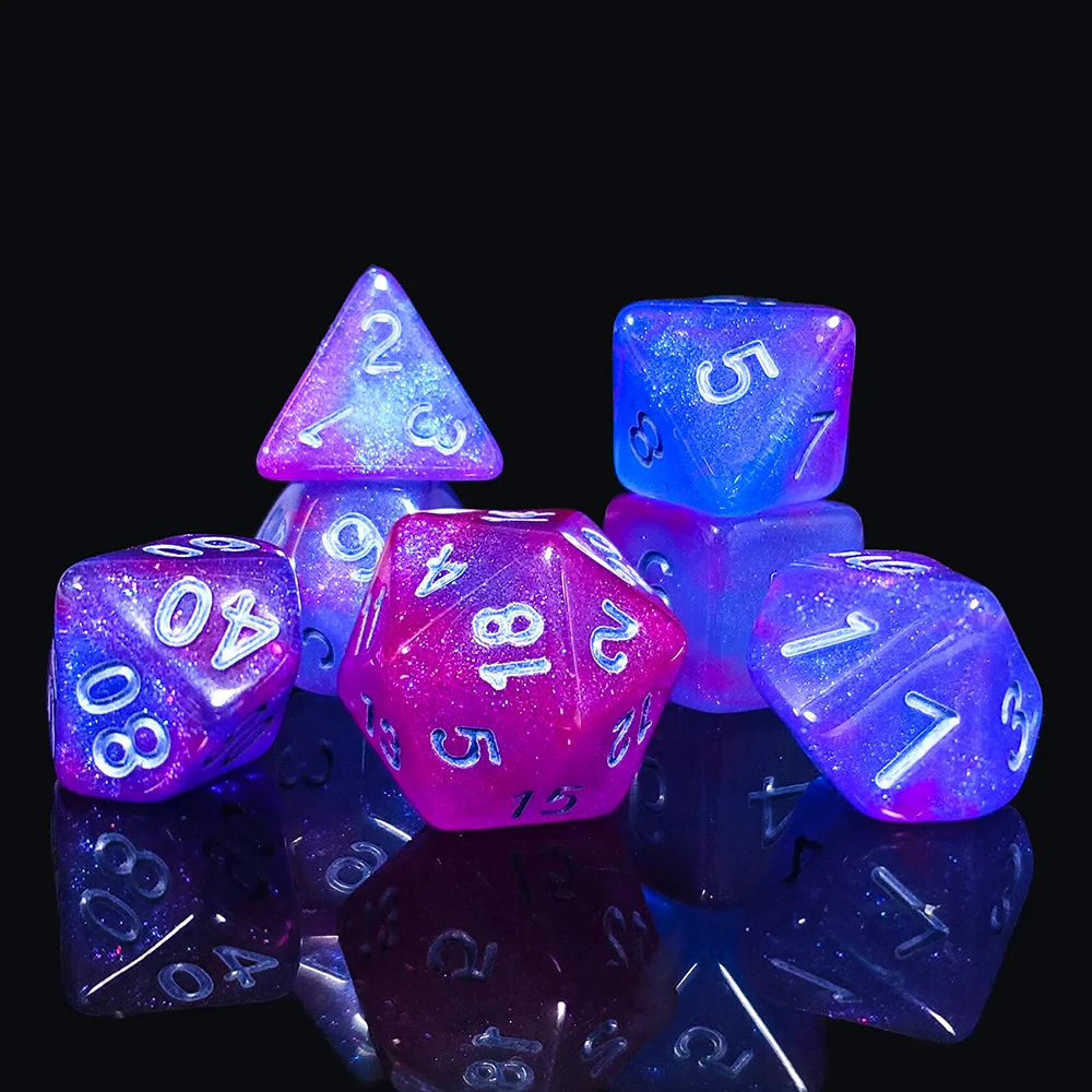 7Pcs/set Acrylic Aurora Purple and Blue Color Dice Set for Home Toys Kids Club DND RPG TRPG Games Dice Accessory