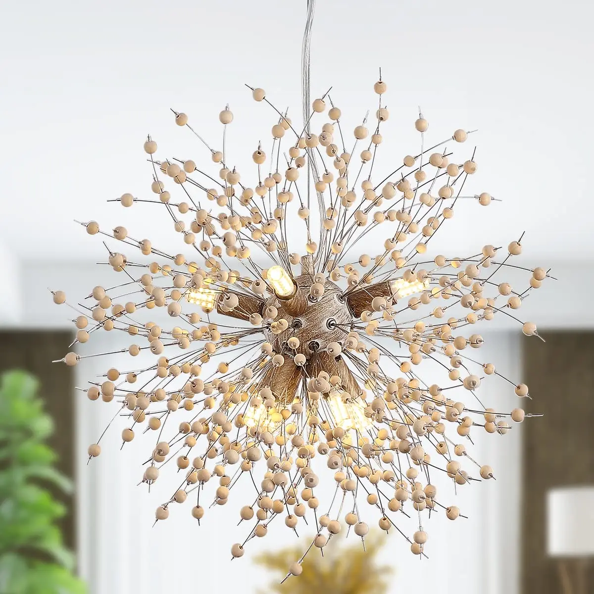 

Modern Wooden Beads Dandelion Chandelier Firework Pendant 8 Lights Boho Hanging Light Fixture for Room Bulb is Included