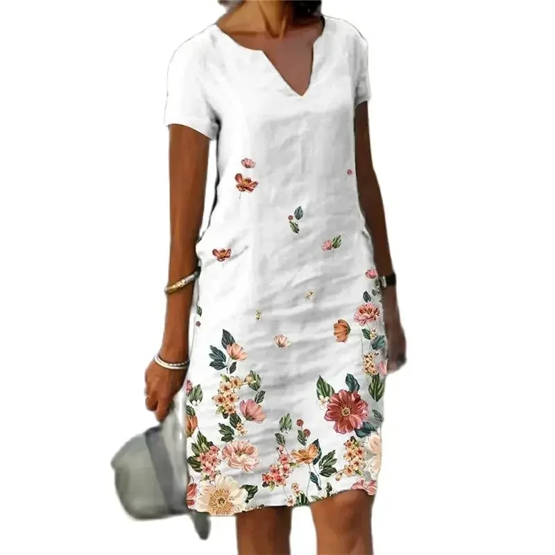 

Elegant Flower Print Dresses Women V Neck Pullover Short Sleeve Dress Summer Frock Female Daily Comfortable Casual Commuter Gown