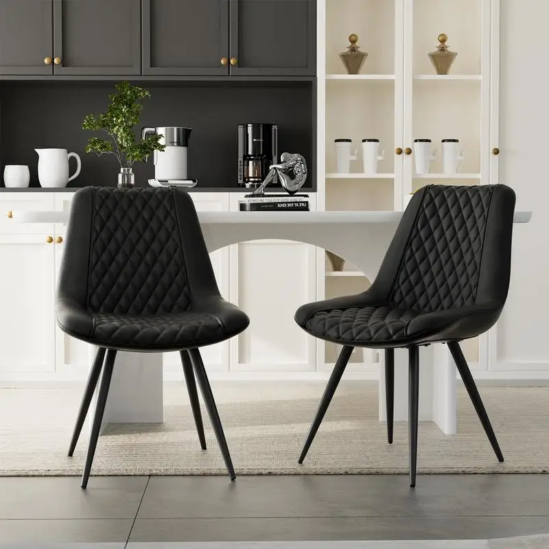 2-Pack Black PU Leather Dining Chairs - Ergonomic Design with Diamond Stitch and Iron Frame