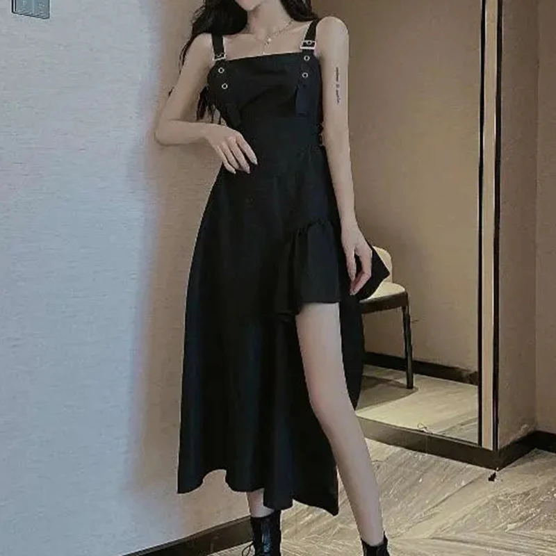 Y2K Women Camis Dress Korean Lace-Up Waist Black Dress Summer Fashion Asymmetries Female Ball Gown Dresses New