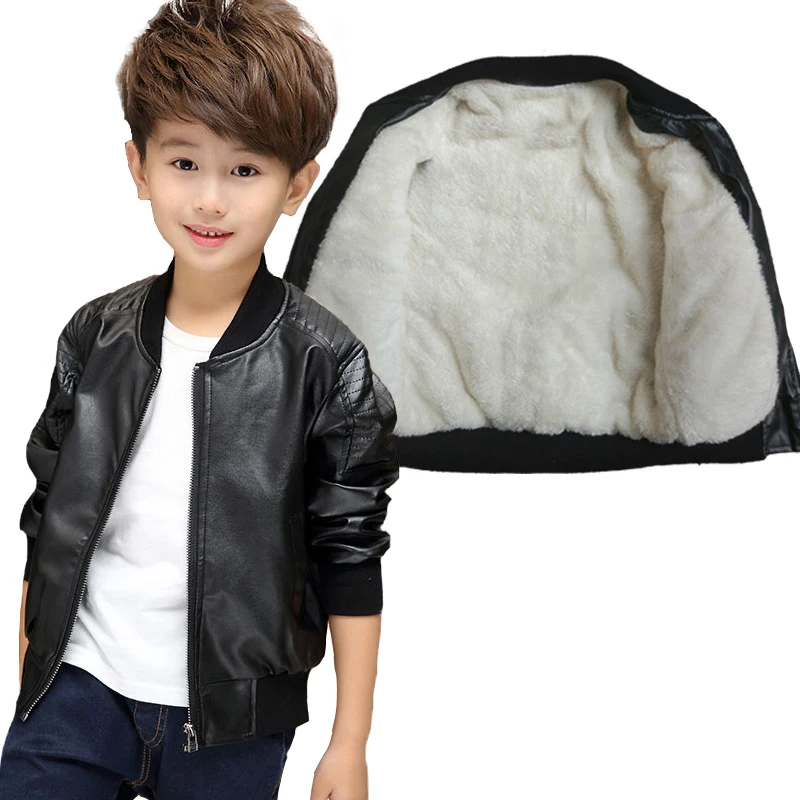 Autumn Winter Boys Leather Jacket Lined With Velvet Keep Warm Teen Boys Leisure Locomotive Fur Coat For Kids Stand Collar Coat