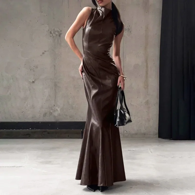 

Ticketsx Fashion PU Leather Long Dress Women's Ruched Patchwork High Waist Sleeveless Slim Dress Elegant Party Clubwear Dresses