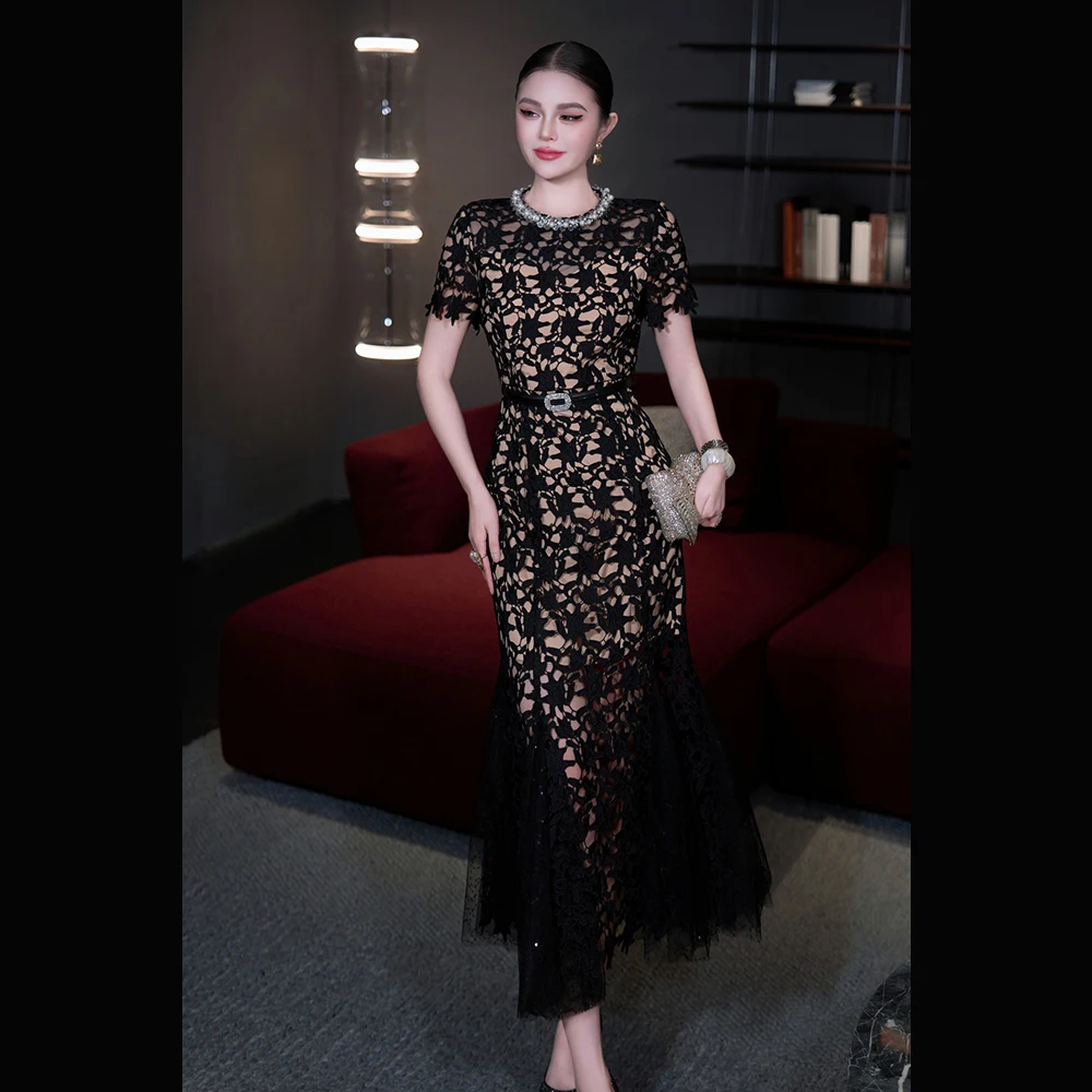 Meyyithun Damesjurk Kant Korte Mouw O-hals Diamant Ingebed Taille-cinched Bodycon Tailored Zeemeermin Jurk