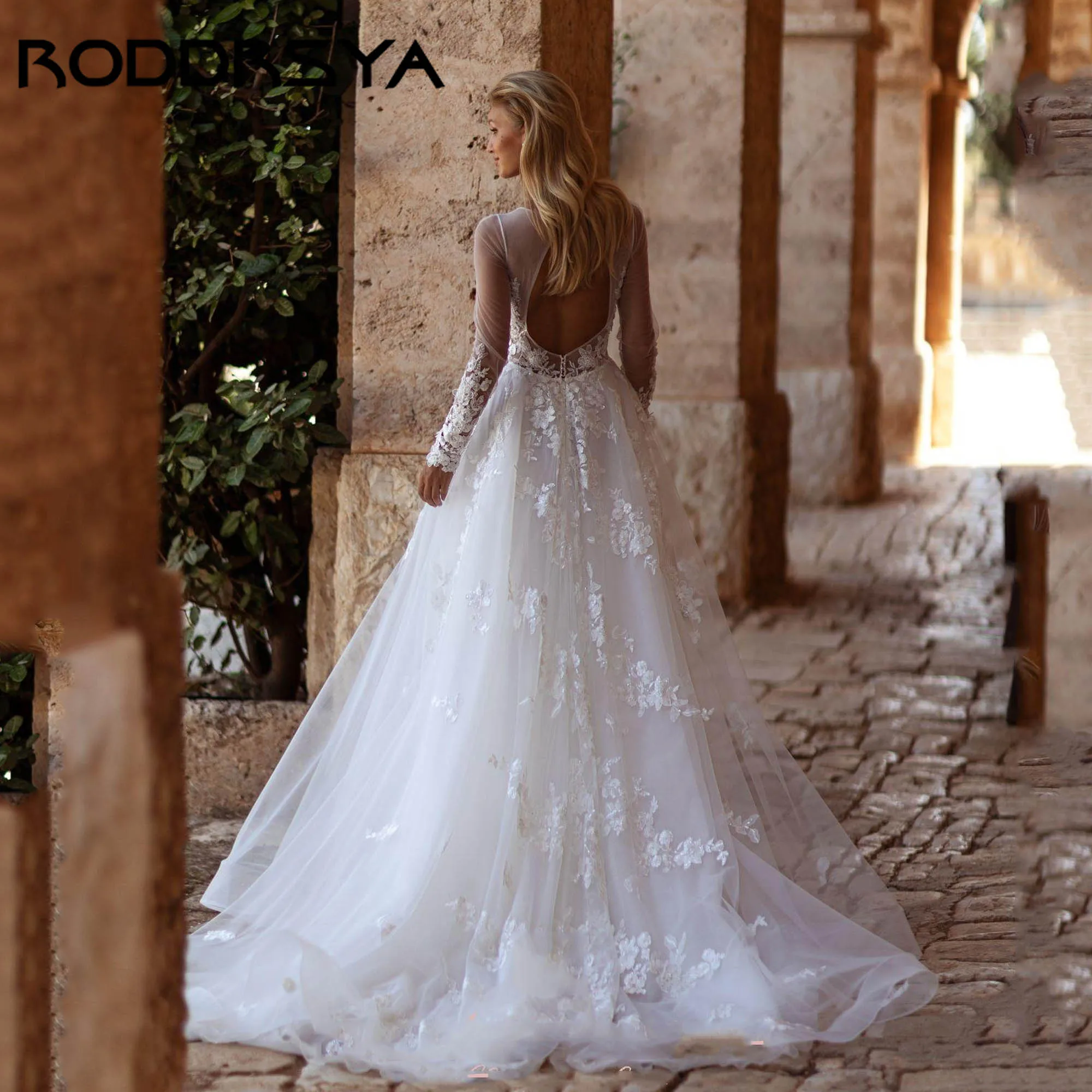 JEHETH Sexy Illusion A-line Abito da sposa Maniche lunghe Scollo a V Tulle Appliques Abiti da sposa Backless abiti da sposa Personalizzato