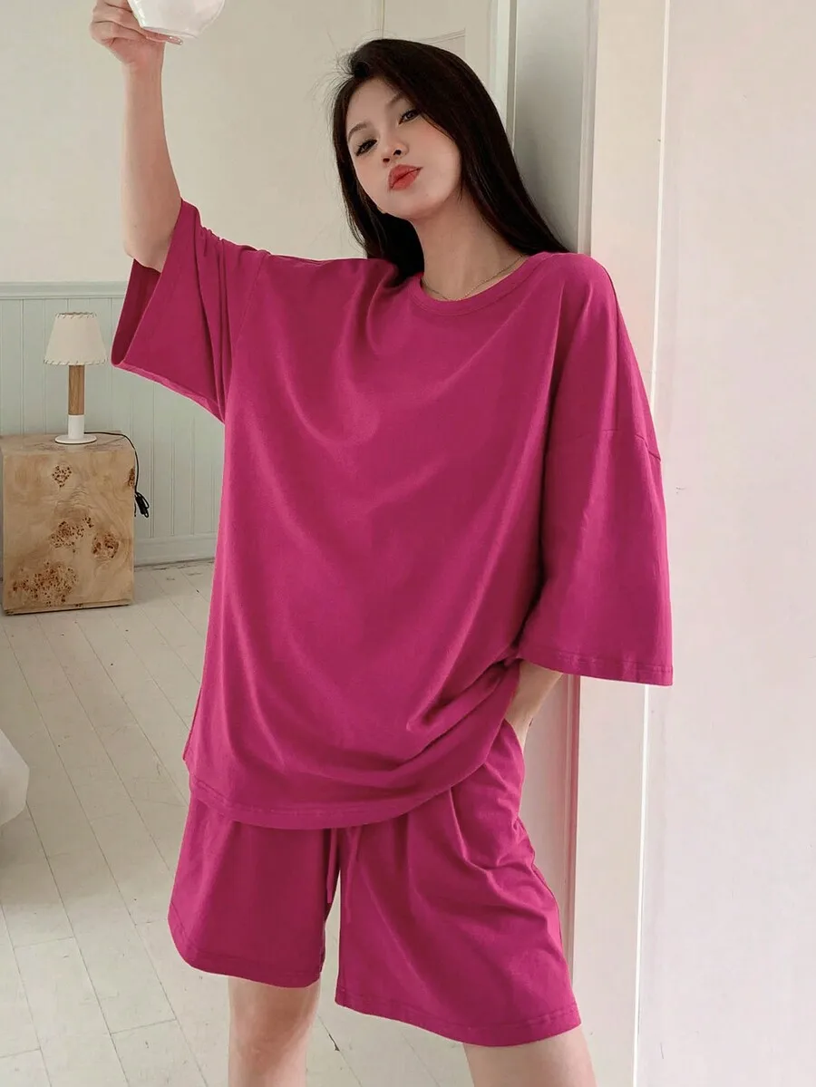 

Summer Solid Color Loose T-Shirt And Shorts Set For Women