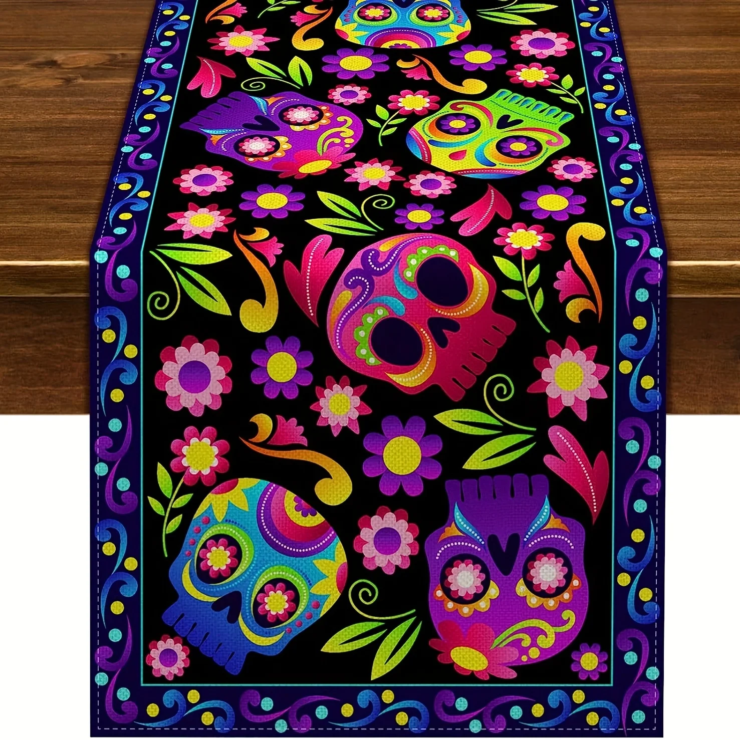 1 Piece of Day of the Dead Colorful Skeleton Table Runner, Featuring Colorful Sugar Skulls and Vibrant Floral Patterns on a Black Background, Suitable for Day of the Dead Parties, Mexican-Themed Restaurants, Cultural Events, Themed Cafes, Art Studios, Specialty Guesthouses, Handmade Market Displays, and Festival Decoration Scenes