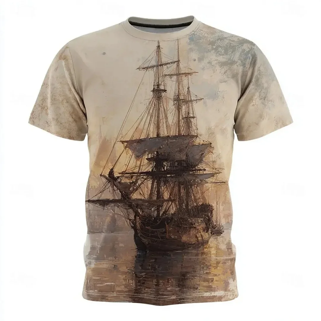 Men's Retro Sailboat T-Shirt 3D Printed Nautical Pattern Casual Short Sleeved Polyester T-Shirt Breathable Round Neck Sports Top