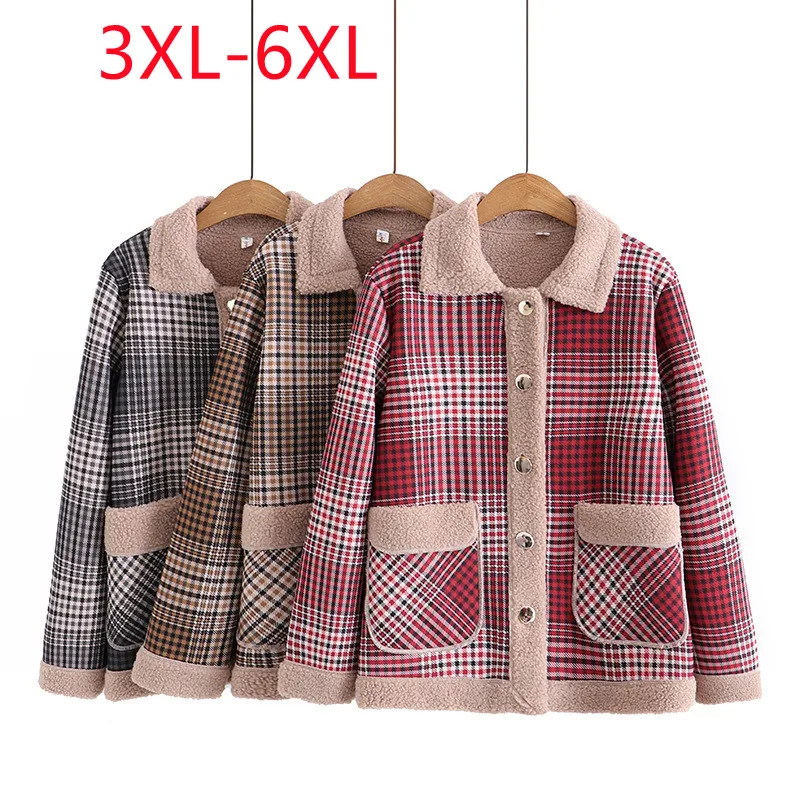 

New 2022 Ladies Winter Plus Size Tops For Women Large Size Long Sleeve plaid red Coat 3XL 4XL 5XL 6XL