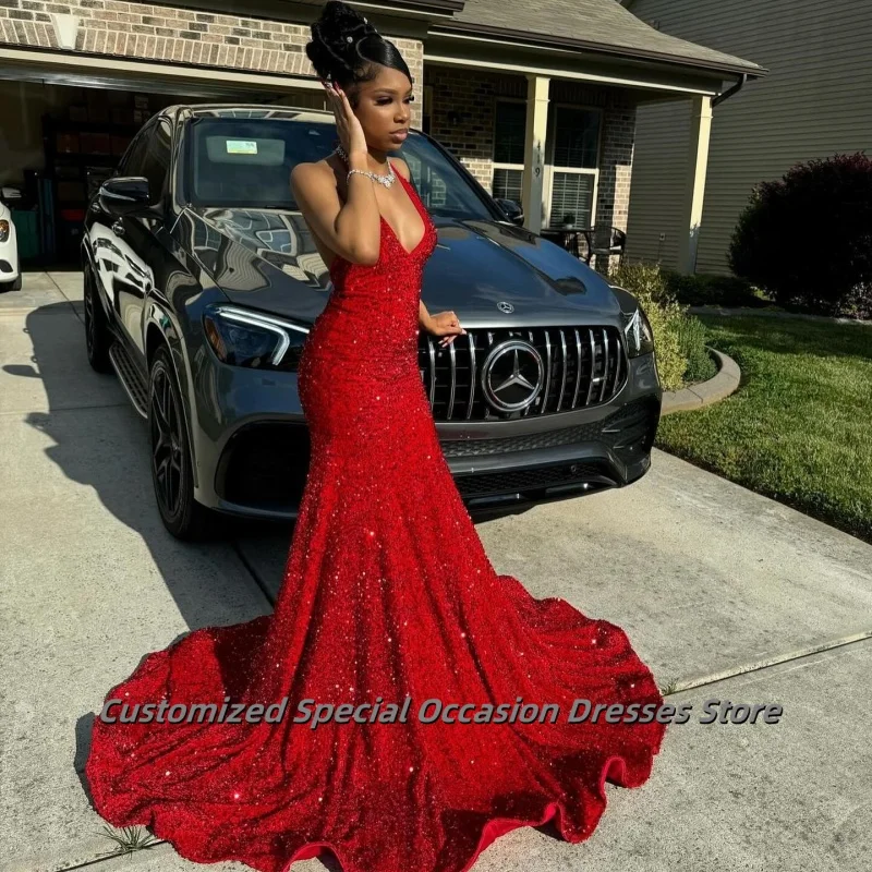 Sparkly Sequined Red Prom Dresses For Black Girls Halter Long Evening Party Gowns Handmade Crystals Birthday Dress Customized