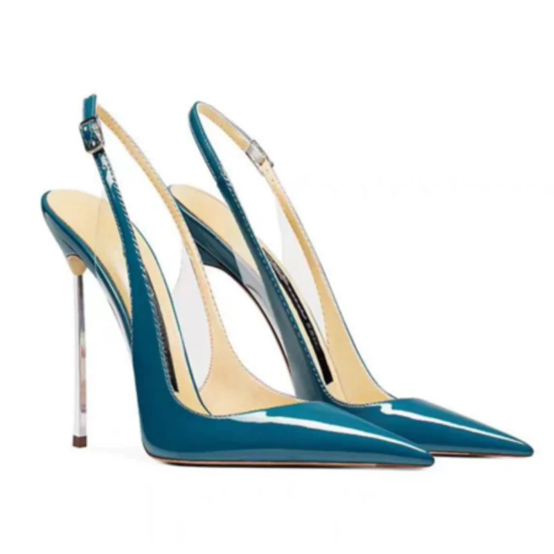 Summer Blue Patent Leather Pointed Toe Mixed Colors Super High Heel Rear Trip Belt Buckle Strap Closed Toe Sandals