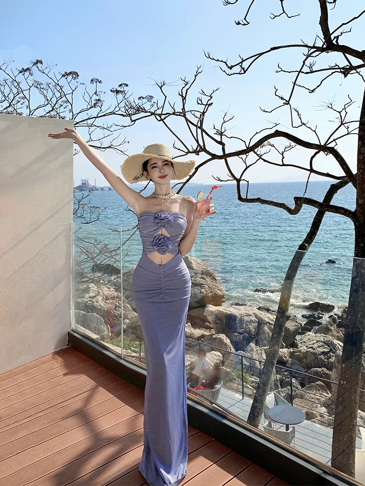 

French Style Purple Floral Tulle Slimming Embellished Three-Dimensional Flowers Hollow Out Design Strapless Sexy Long Dress