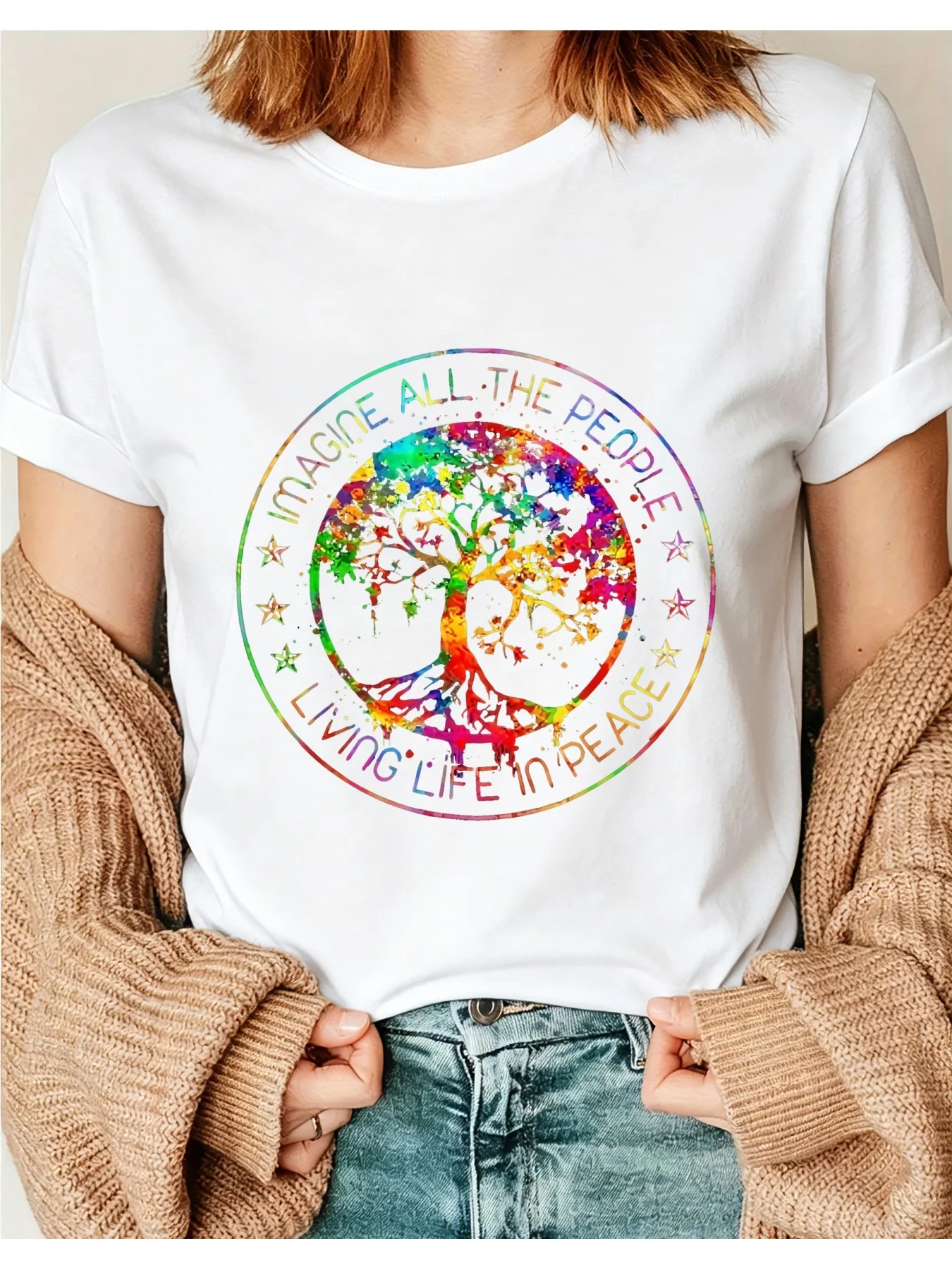 Colorful Peace Tree Design Women's T-Shirt, Theme of Imagining Everyone Living in Peace, Suitable for Spring and Summer Wear, a Gift for Peace Lovers and Music Fans, 01 Round Neck Short-Sleeve Top, Suitable for All Seasons, Casual and Versatile