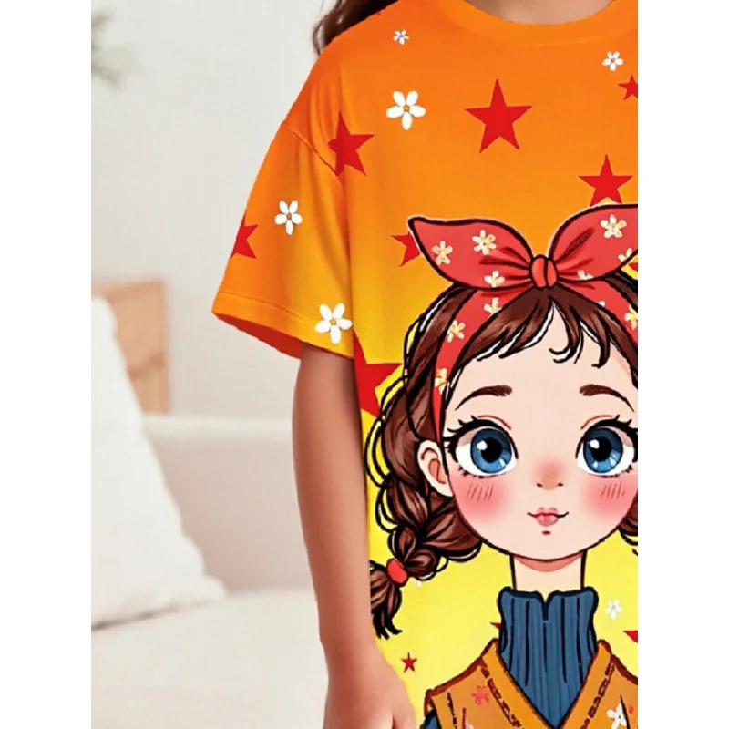 Children's Ultra-Soft Dress 2026 Vibrant Orange Cartoon Print with Fun Stars And Flowers Design for All-Day Comfort 6