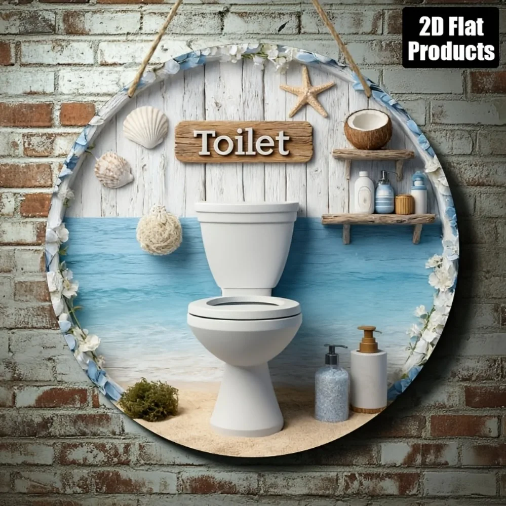 2D Metal Sign, Beach Toilet Seashell Starfish Pattern Door Hanger, Coastal Bathroom Wall Decor
