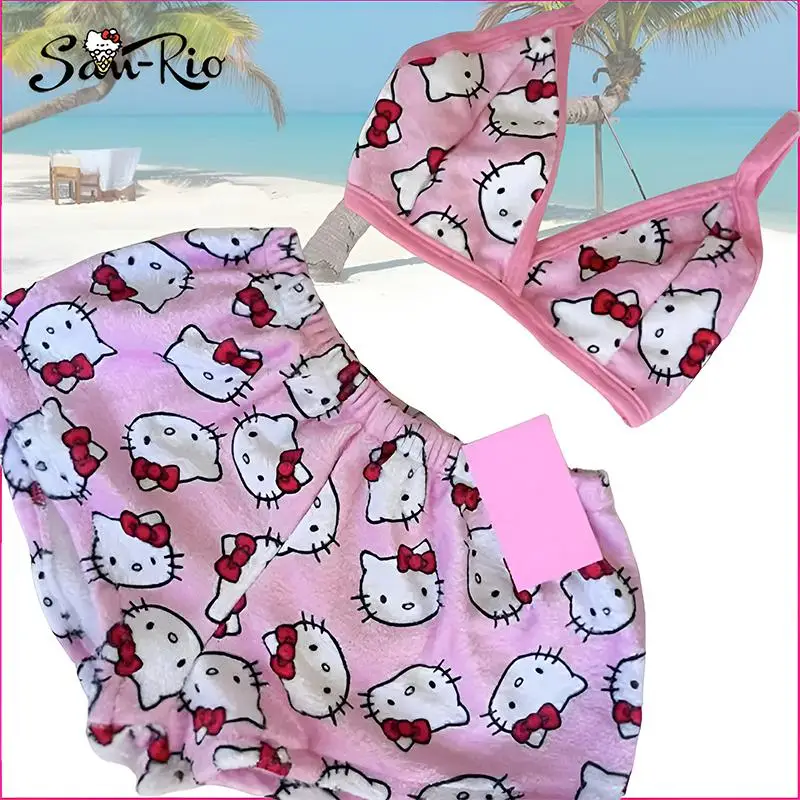 2 uds Hello Kitty pijamas pantalones Sanrio mujeres pantalones cortos para el hogar conjunto de pijamas de felpa Sexy para niña Kawaii verano 2024