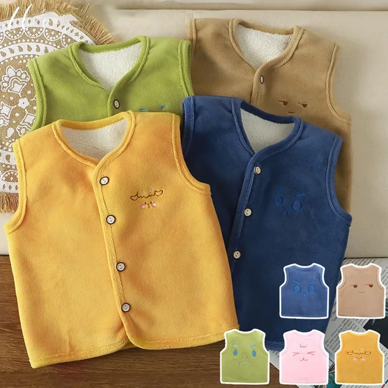 New Children Thick Warm Vest Boys Girls Kids Autumn Winter Sleeveless Outerwear Embroidered Cartoon Alpaca Plush Baby Waistcoats