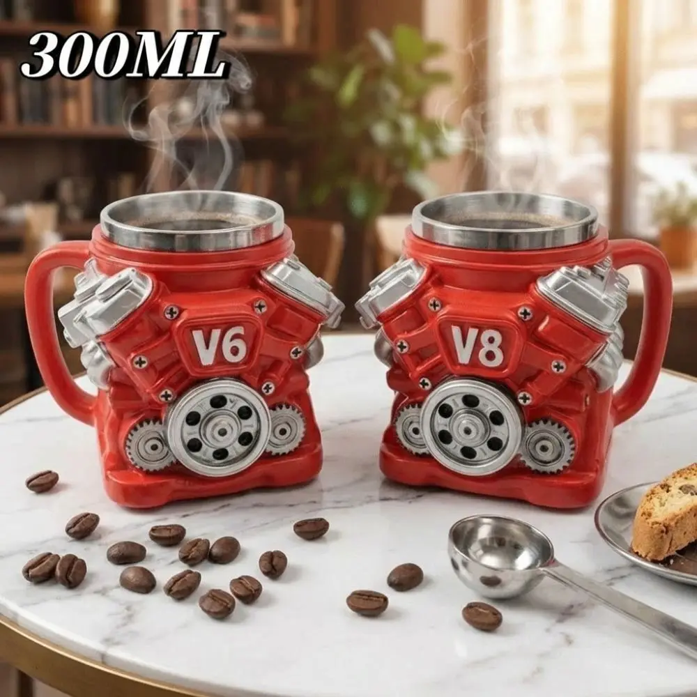 Retro Engine Coffee Mug with Handle Double Wall V6 Engines Stainless Steel Cup Realistic Design 300ML 15oz Insulation Car Mug