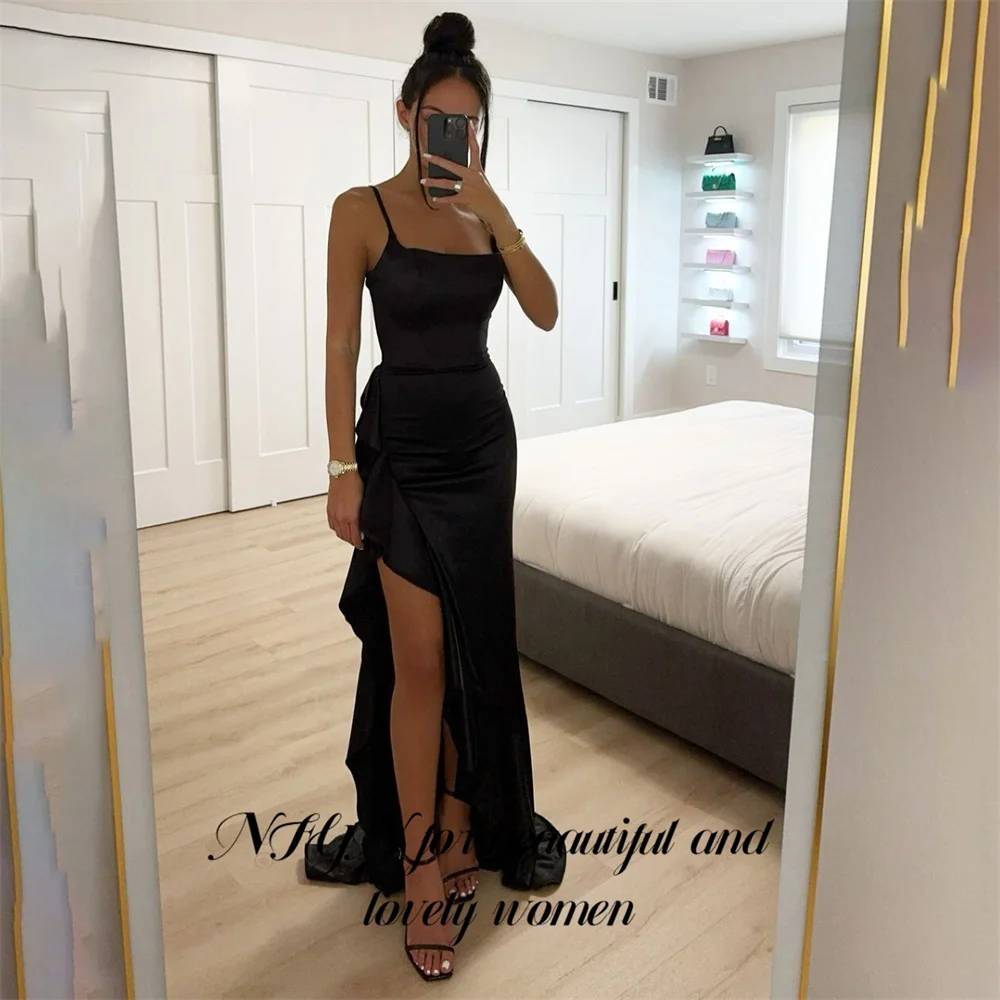 NFYN Black Mermaid Long Evening Dress Spaghetti Strap Party Dress For Wedding Stain Special Occasion Dress with Slit Customized