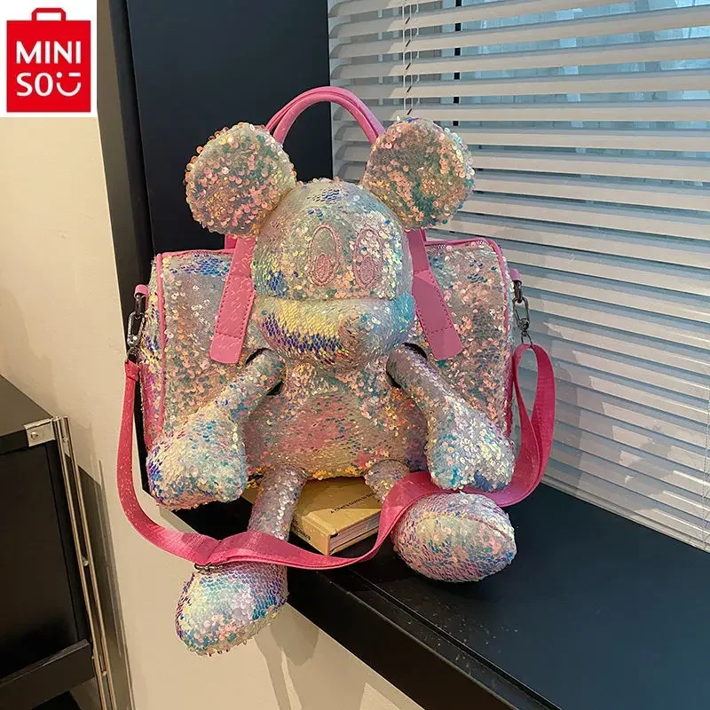 MINISO Disney Mickey Doll Shoulder Bag for Women, High Quality Glitter Sweet 3-in-1 Large Capacity Storage Handbag