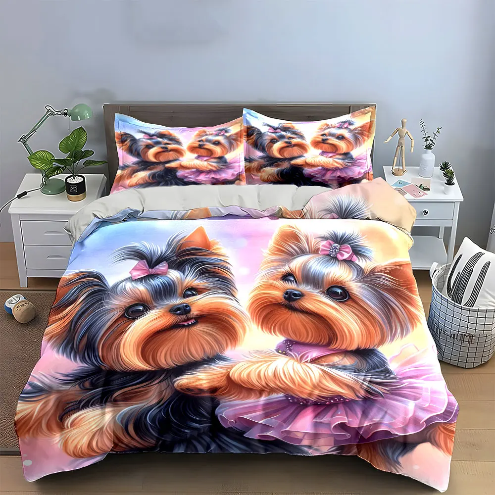 Cute Yorkshire Terriers in Elegant Outfits Exquisite three-piece bedding set gift for kids and adults