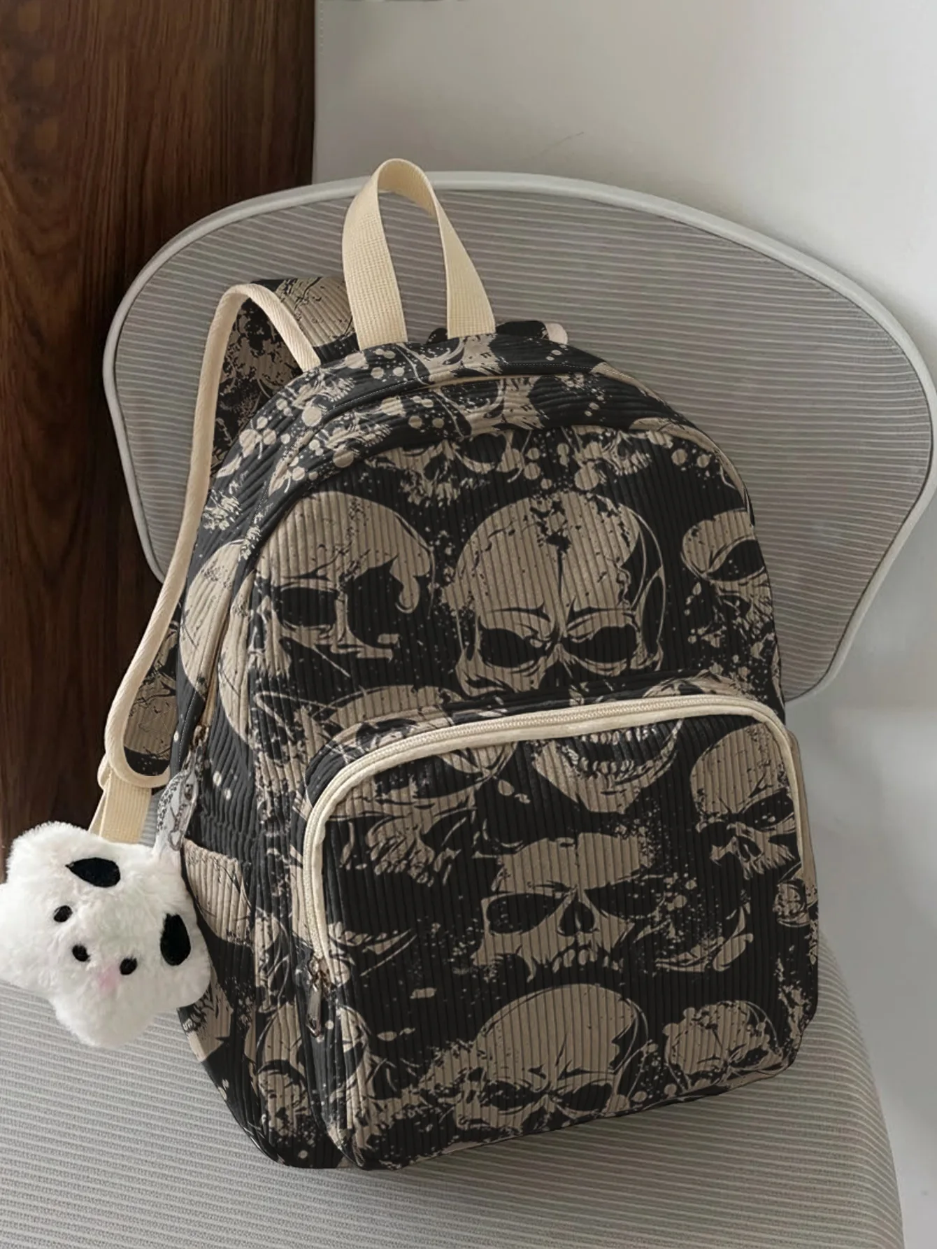 

Gothic Skull Allover Print Women Fashion Backpack Corduroy Multi-pocket Large Capacity Commuter Bag