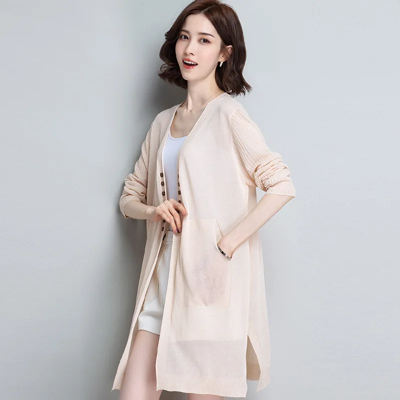 

Summer Women's Linen New Top Ice Silk Thin Coat Knitted Cardigan Women's Mid-Length Air-Conditioner Sunscreen Shirt Wholesale