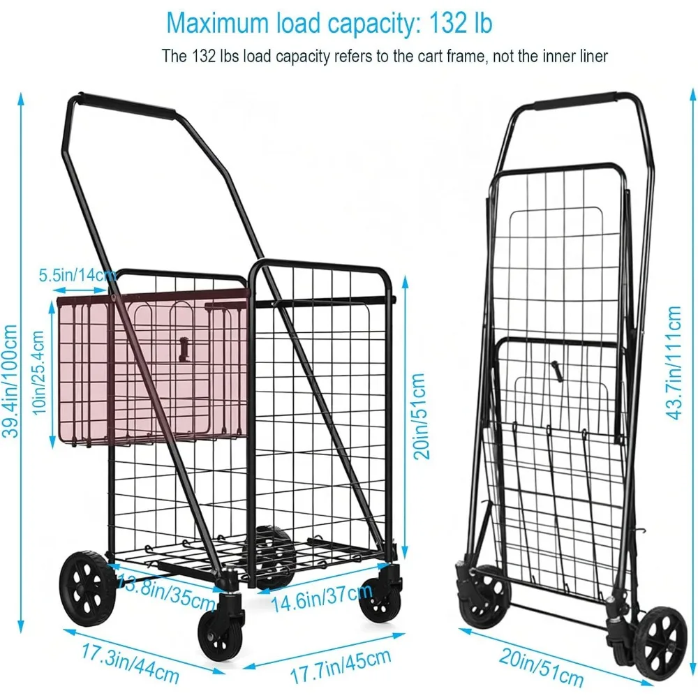 Carro de compras plegable con forro impermeable y 360 °   Ruedas giratorias: resistentes para lavandería, comestibles, viajes