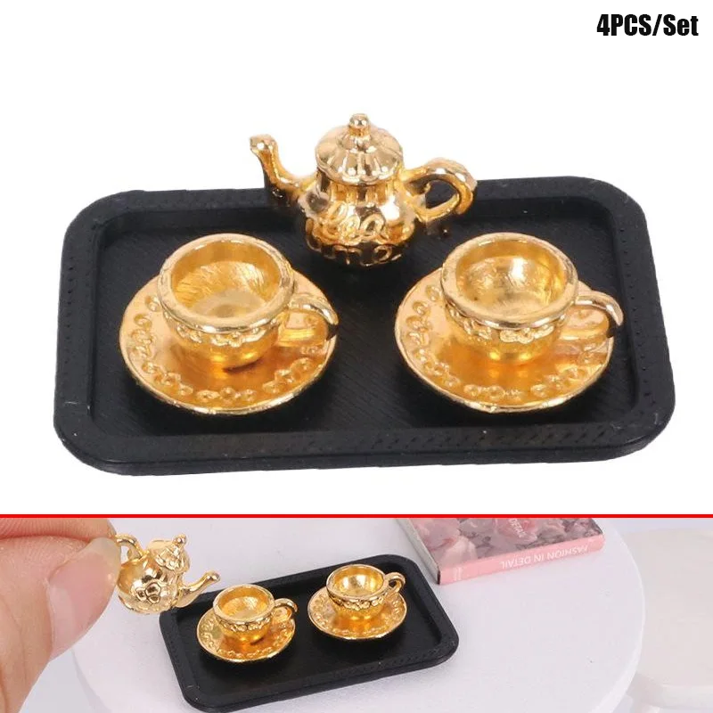 4 stks/set Poppenhuis Handgemaakte Miniatuur Theekop Model Simulatie Micro Theepot Scène Ornamenten DIY Decoratieve Accessoires