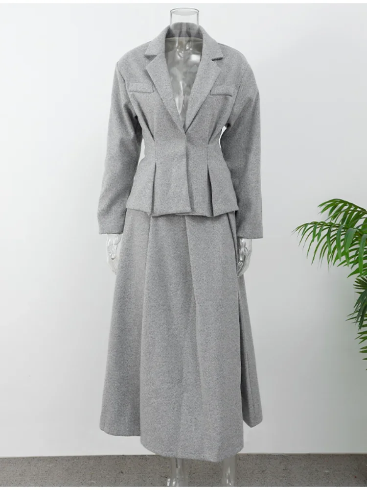 Conjunto de Falda plisada gris para mujer, traje de 2 piezas con cuello de solapa, blazer de cintura alta, traje de fiesta y Club, novedad de otoño, 2024