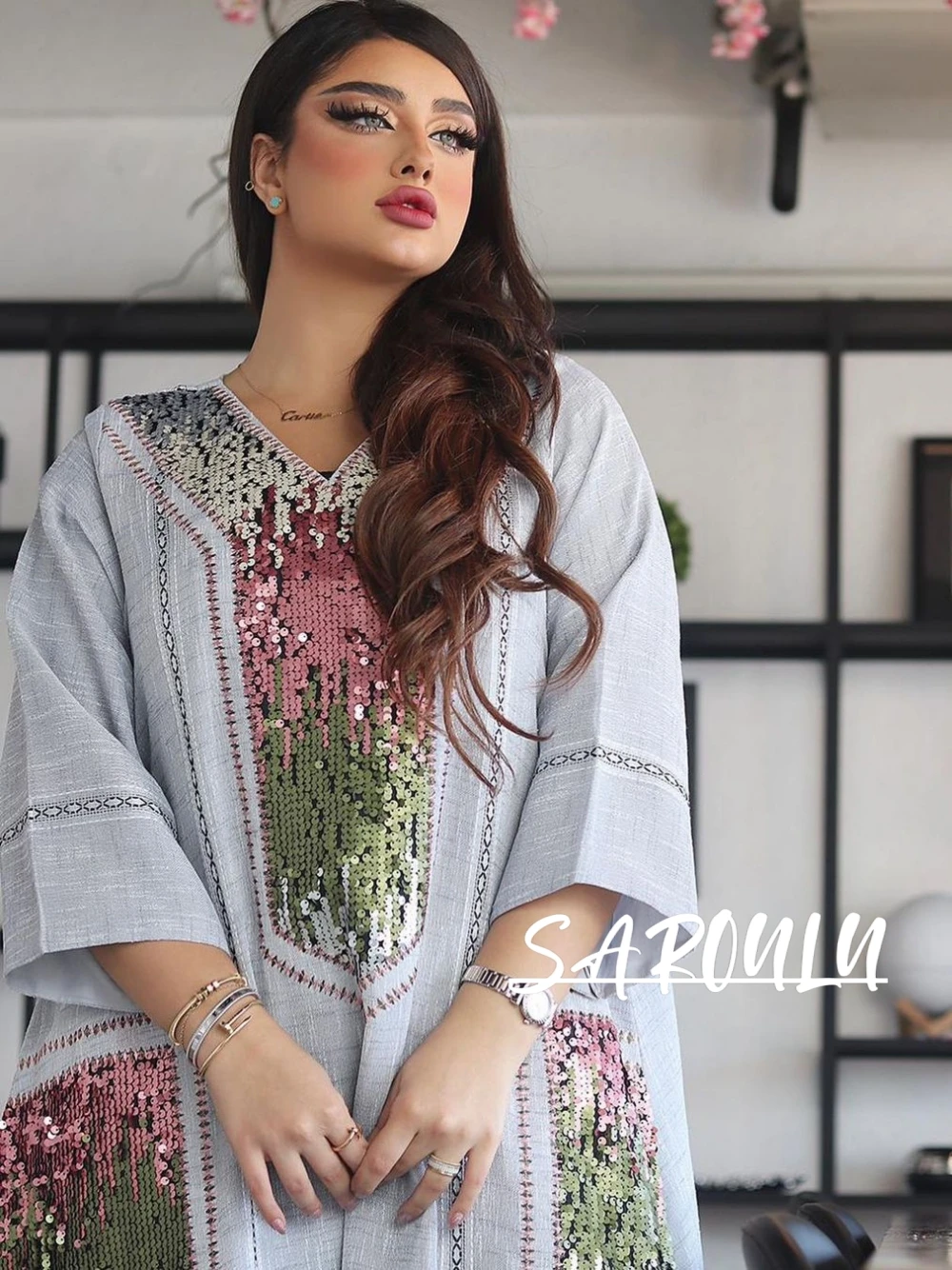

Muslim Eid al Fitr Sequined Women's Dress, Hot Sale Arabic Robe, 4 Colors Loose Dancing Party Wear, Fast Shipping Gowns