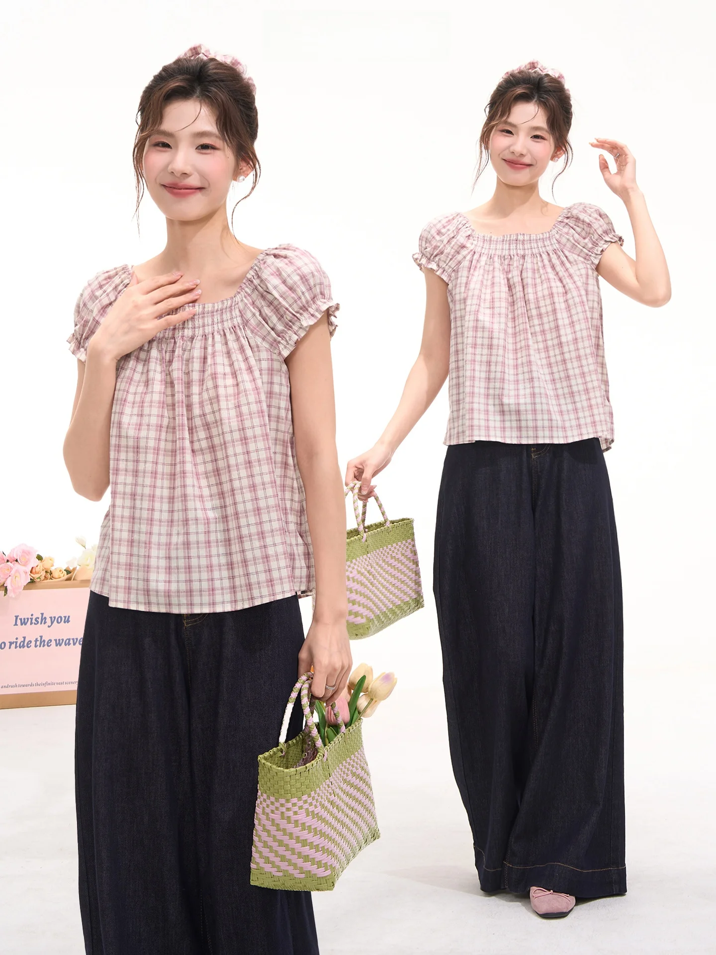 

Heme Summer Sweetheart Girl Style Window Display Shirt Women's Short Sleeve Linen Top Breeze Checkered Patterned Blouse