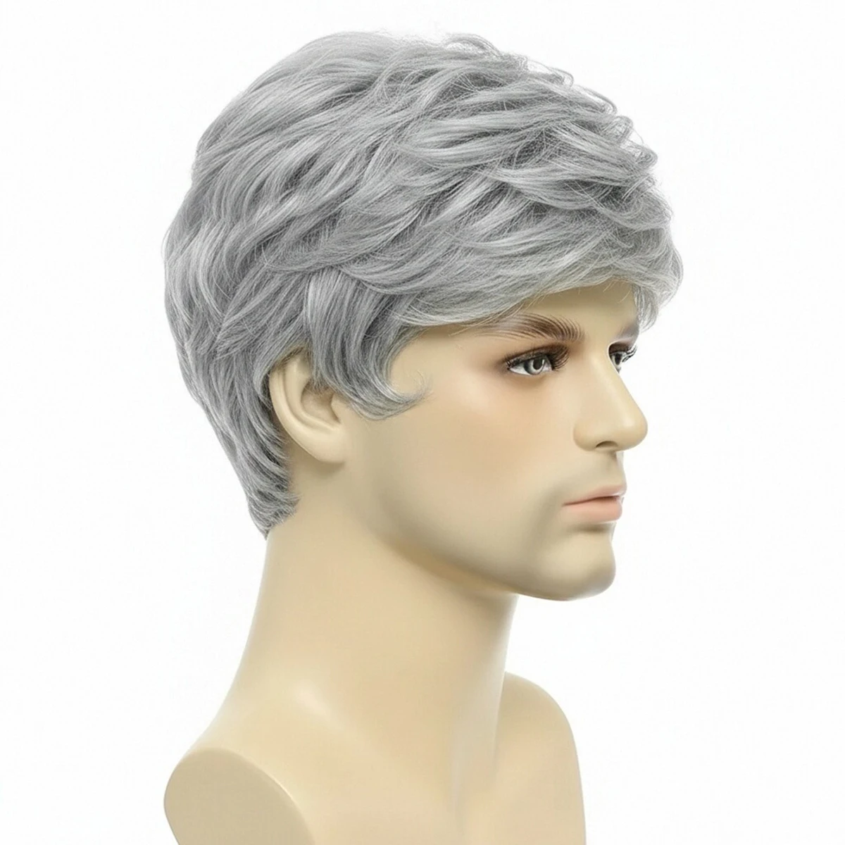 MSIWIGS Golden Grey Short Natural Curl Men's Daily Synthetic Wig for Everyday Use Comfortable Fiber Hair Replacement