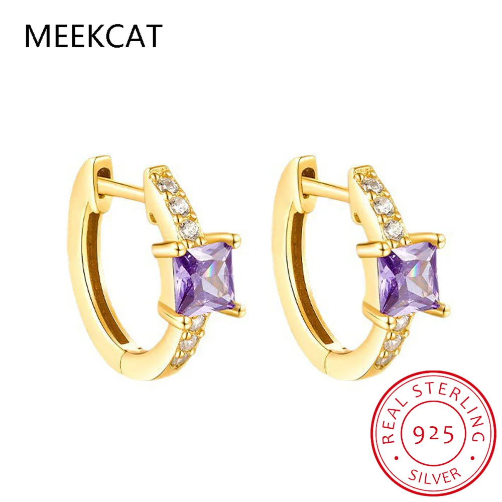 Square Natural Purple Amethyst 925 Sterling Silver Geometric Hoop Earring for Women Princess Cut Gemstone Jewelry Wedding Gift view 4