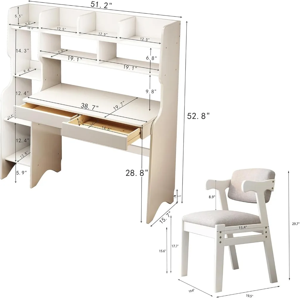 Kids Desk Kids Table and Chair Set with Drawers and Bookshelf Rubber Wood Kid's Media Desk Student Learning Computer