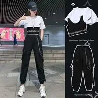 2024 Summer Women's Two Pieces Set Casual Korean Lady Loose Short White T-Shirt and Black Cargo Pants Outfits Tops Pants Suit