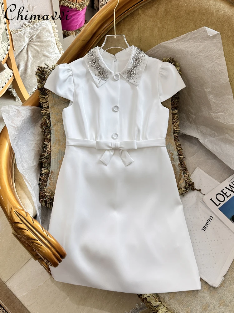 

High-end 2025 Summer New Sweet Girl Heavy Industry Bead Lapel Dress Fashion Party Bubble Sleeve Temperament Short White Dresses