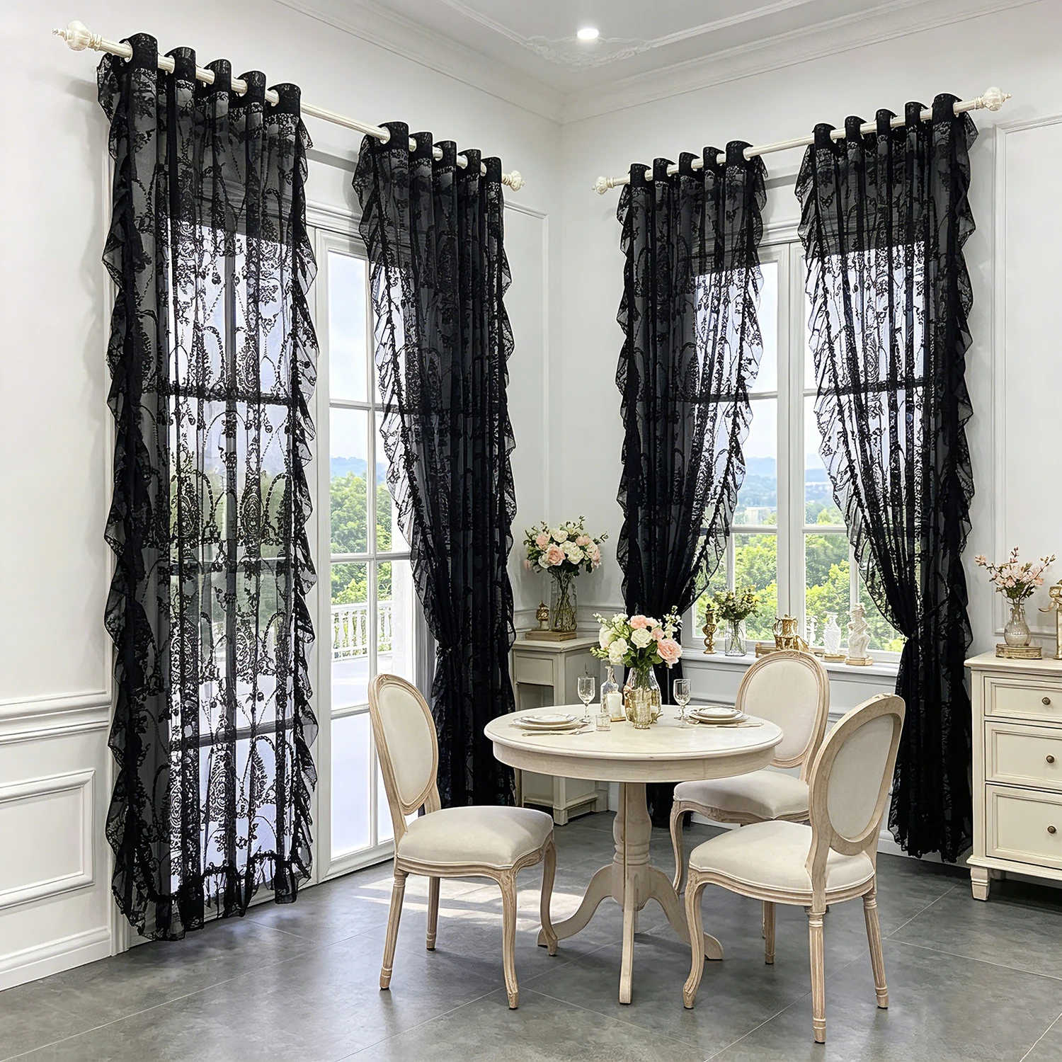 1PC Luxury Black Lace Ruffled Sheer Curtain for Living Room, Balcony, Kitchen, Window Drape Home Decoration Blinds