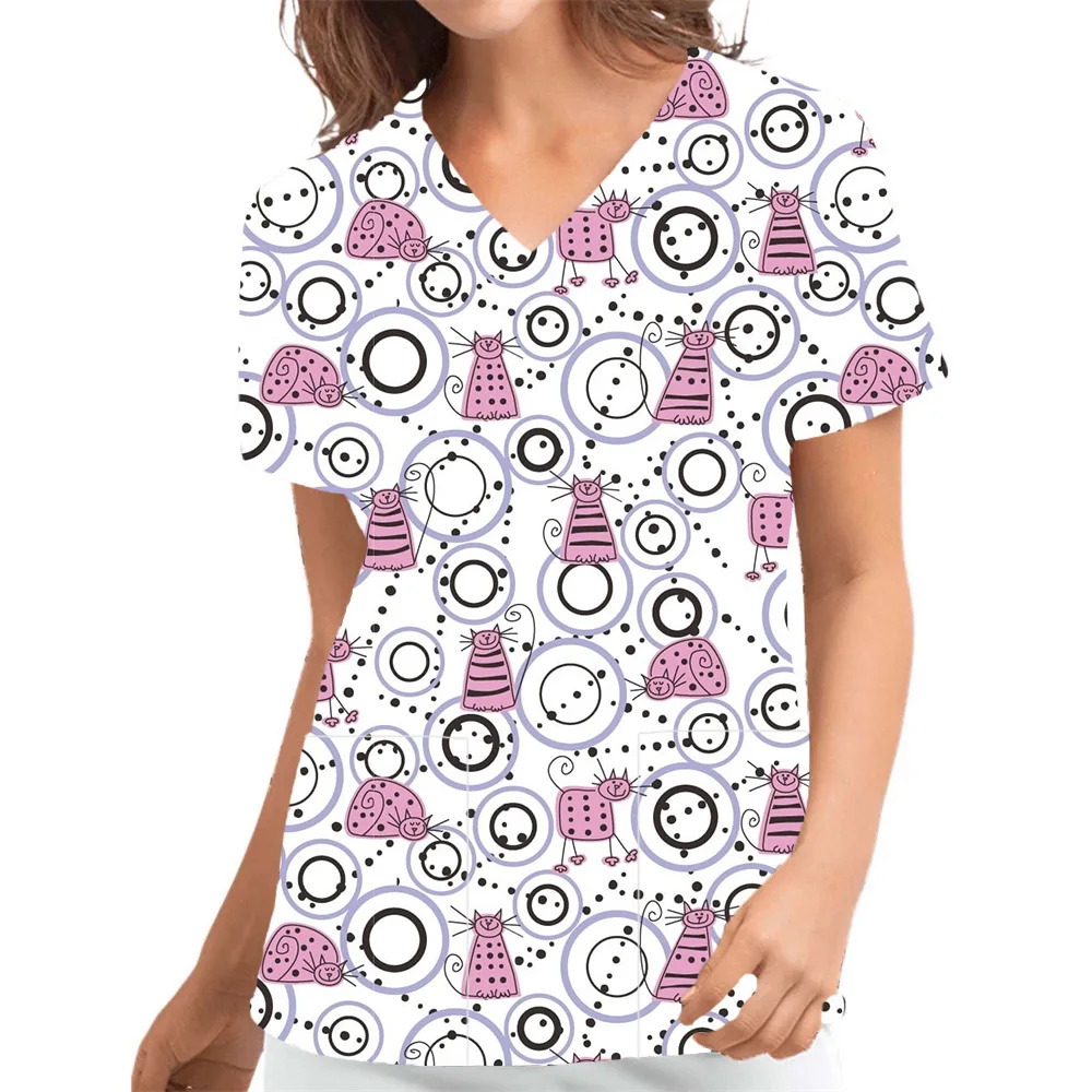 Surgical Uniforms Scrub Women Cats Prints V-Neck Pockets T Vet Uniform in Hospital Scrubs Nursing Uniform for Unisex